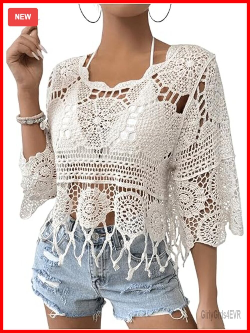 Crochet Cover Up Top with 3/4 Sleeves Beach Swimsuit
